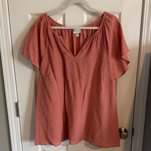 Ava & Viv Coral Pink Textured V-Neck Flutter Sleeve Blouse